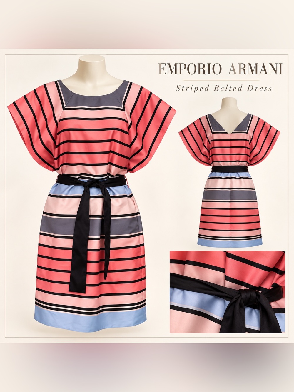 Emporio Armani Striped Belted Dress Pink Blue Draped Sleeves NWOT